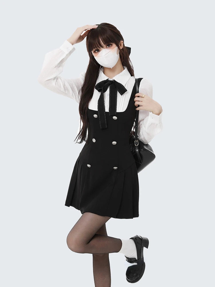Fake Two Dress Slim Chic Long Sleeve Bow Casual Y2k Mini Dress Korean Short Dress