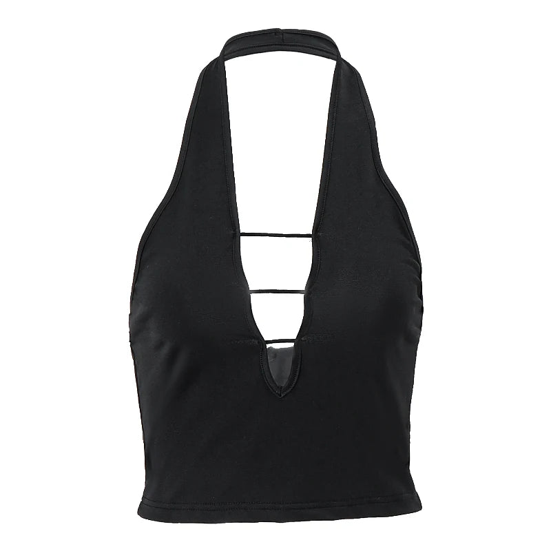 Deep V-neck Halter Top Sleeveless Hollow Out Crop Top Grunge Bandage Camis