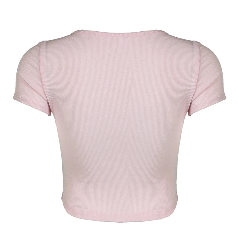 Lace Patchwork Pink Tee Shirts Short Sleeves Lace-up Slim Crop