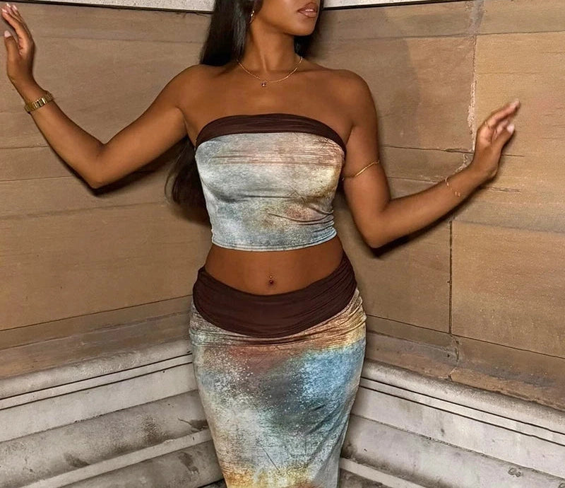 One Shoulder Halo Strapless Top Elastic High Waist Long Wrap Skirt Set Sets