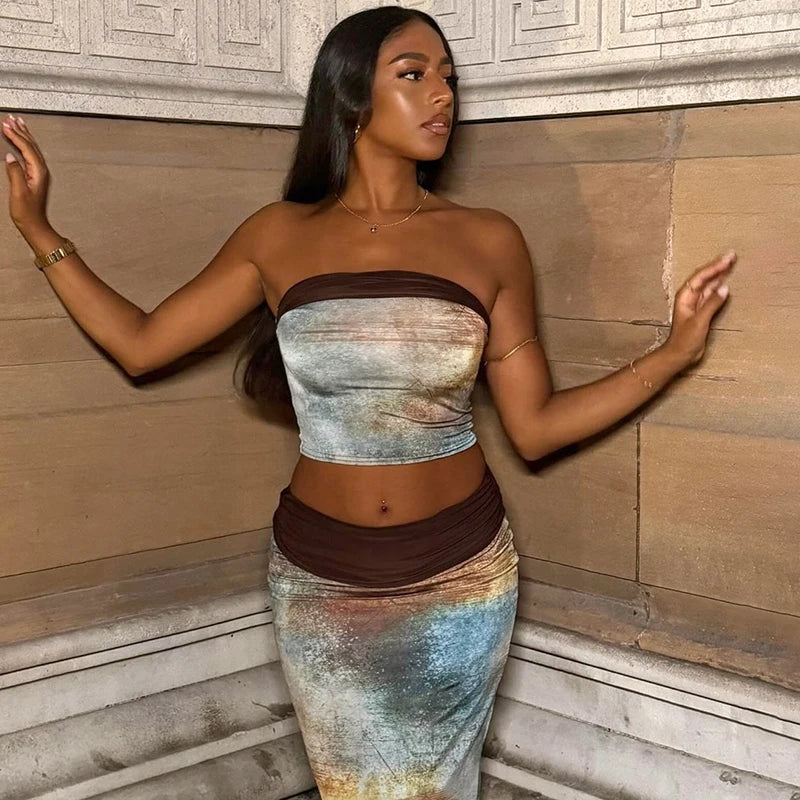 One Shoulder Halo Strapless Top High Waist Long Wrap Skirt Set Sets