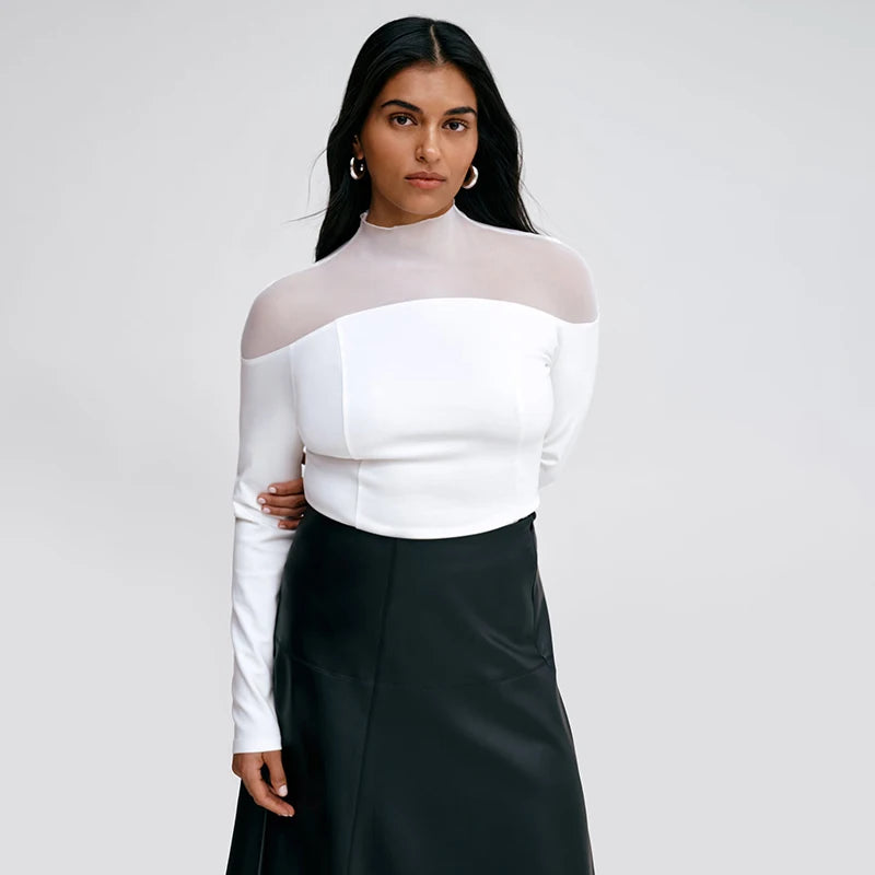 Meh Patchwork Slim Long Sleeve Bottom Top See-Through Shoulder Pullover Top