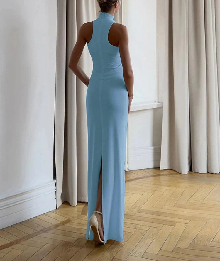 Metal Knots Dress Halter Folds Backless Sleeveless Slim Banquet Long Bodycon