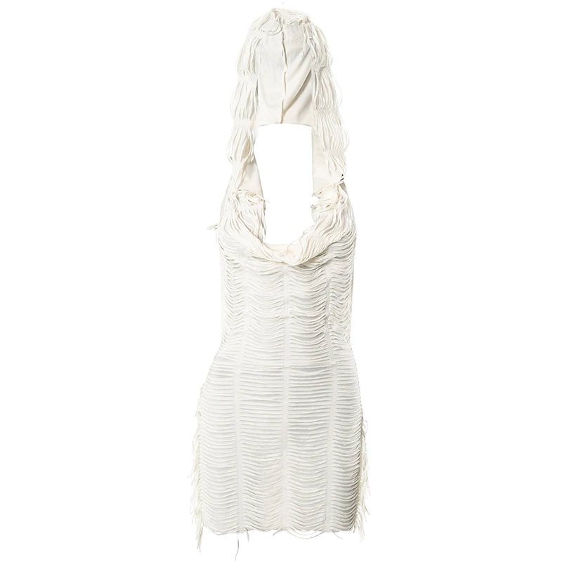White Hooded Swinging Collar Sleeveless Tassel Design Cascading Urban Chemise Frock Dress