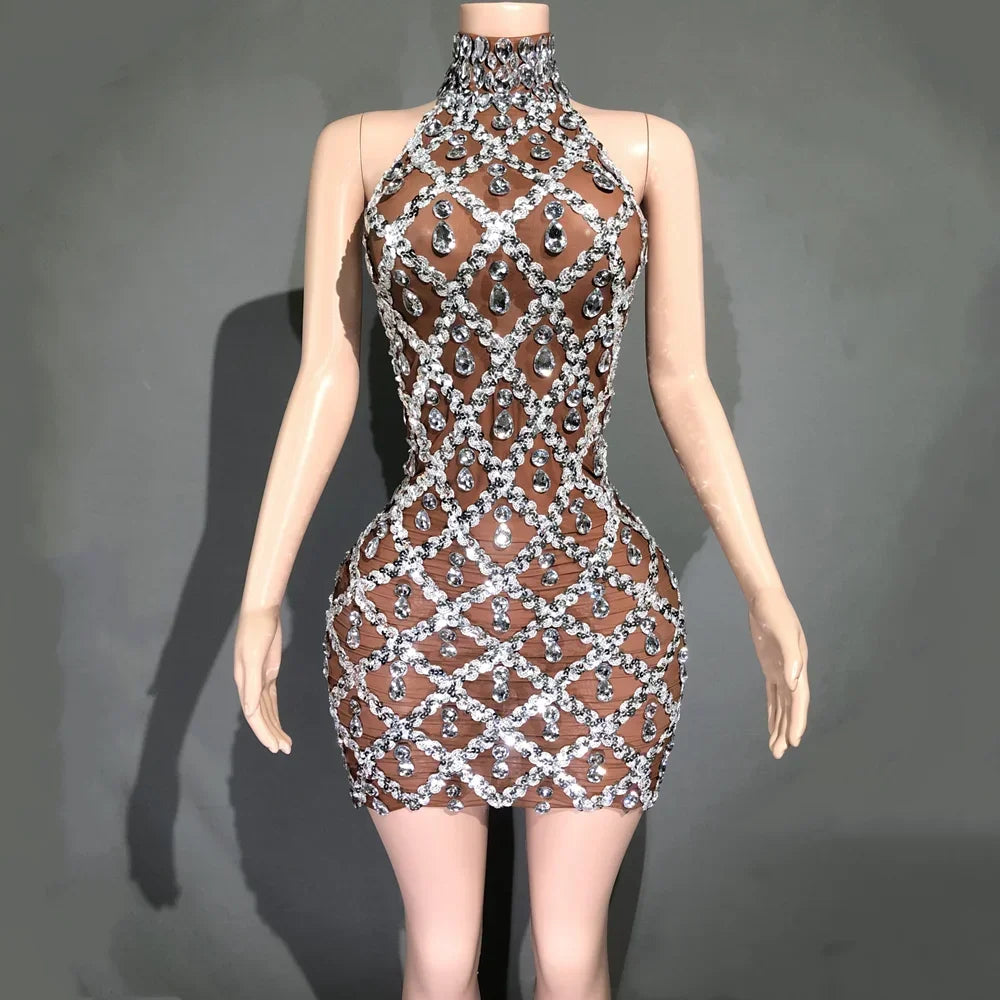 Sparkly Silver Sequins Crystals Short Dress Sleeveless Transparent Birthday Dress Singer Show Wear
