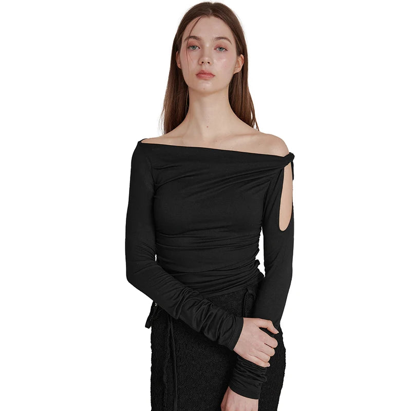 Oblique Collar One Shoulder Tie Long Sleeve Top Ruch Pullover