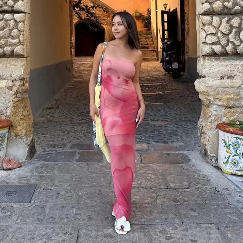 'S Color Collision Patchwork Strapless Waisted Package Hip See-Through Print Dress