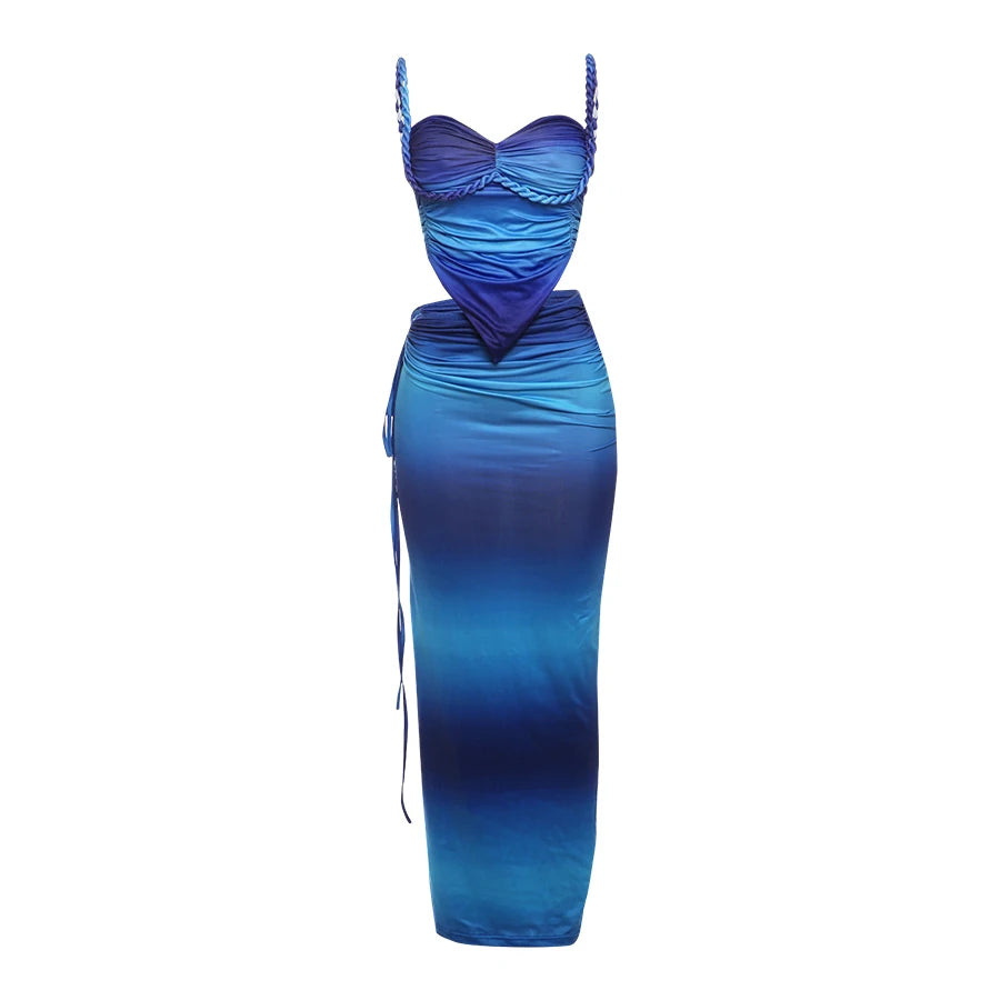 Gradient Two Piece Set Plait Heart Shape Camisole Shirring Hollow Skirt