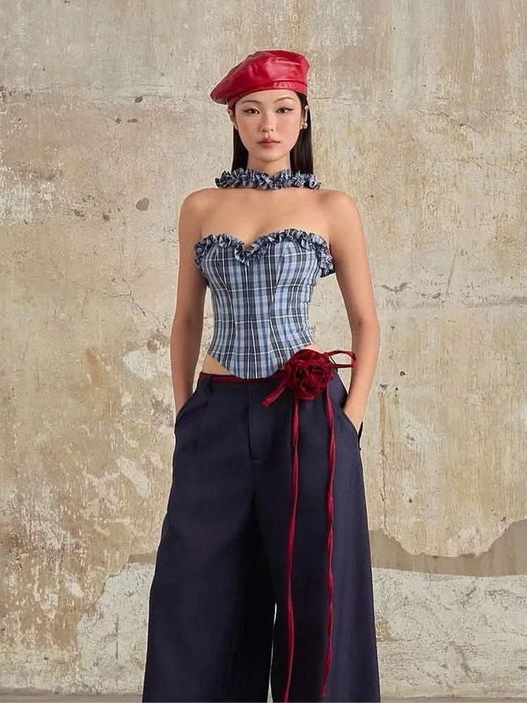 Plaid Tank Top Ruffled Edges Halter Low-Neck Backless Sleeveless Top