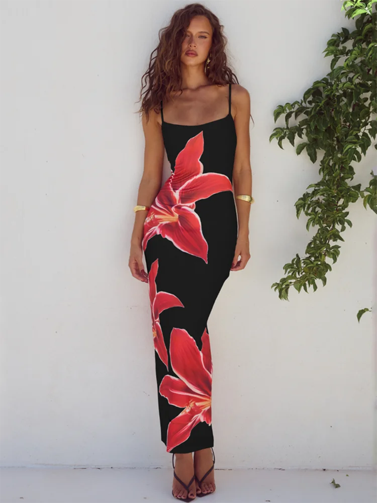 Floreal Long Dress Gown Spaghetti Strap Sleeveless Backless Bodycon Midi Dress
