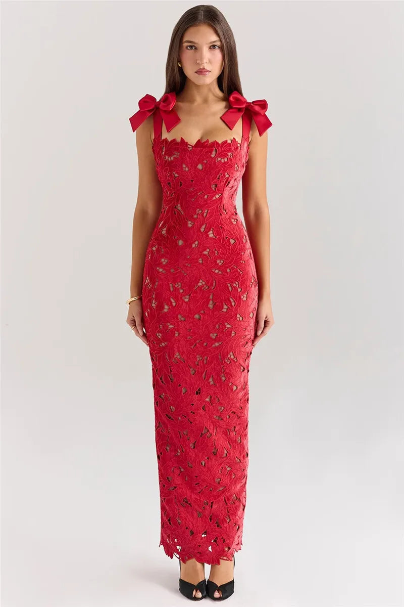 Bows Lace Maxi Dress Sleeveless Backless Bodycon Year Long Dress