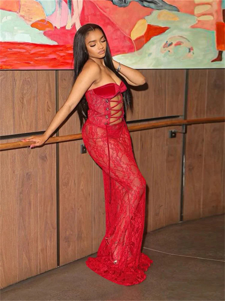 Lace Maxi Dress Stunning Coquette See Through Patchwork Drawstring Strapless Bodycon