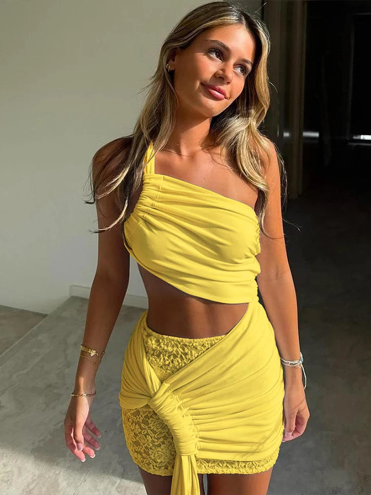 Unique Patchwork Skirt Set Slah Neck Shirring Irregular Top Lace Hip Skirt 2 Piece