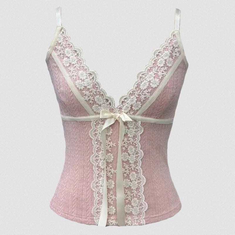 Ribbon Bow Lace V-Neck Top