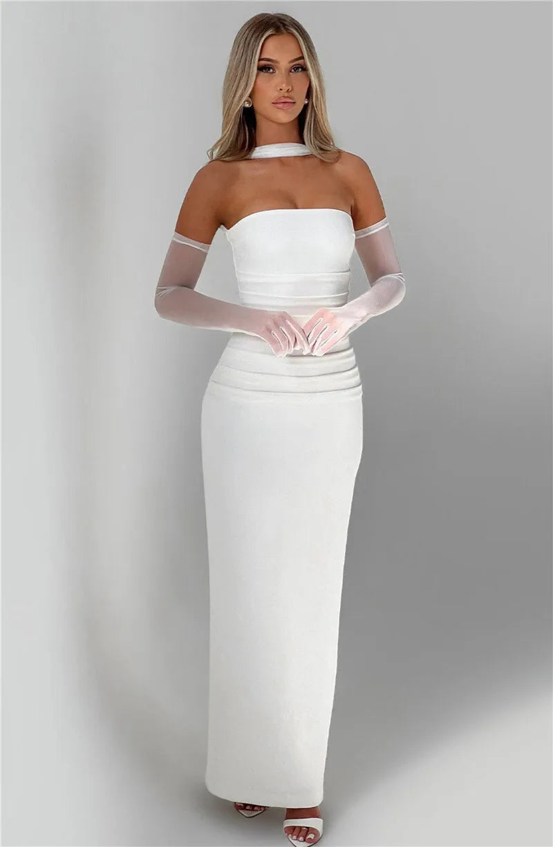 Scarf Collar Backless Bodycon Maxi Dress