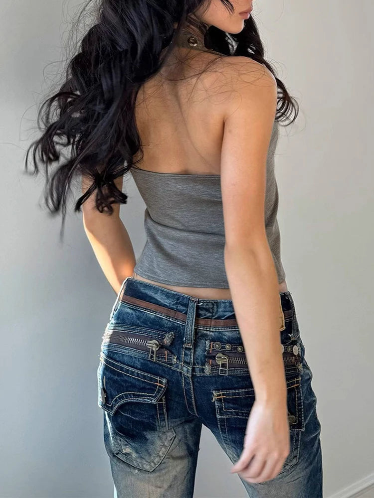 Metal Hollow Halter Neck Vest Plunge Bodycon Solid Color Sleeveless Tanks Camis Top Y2K