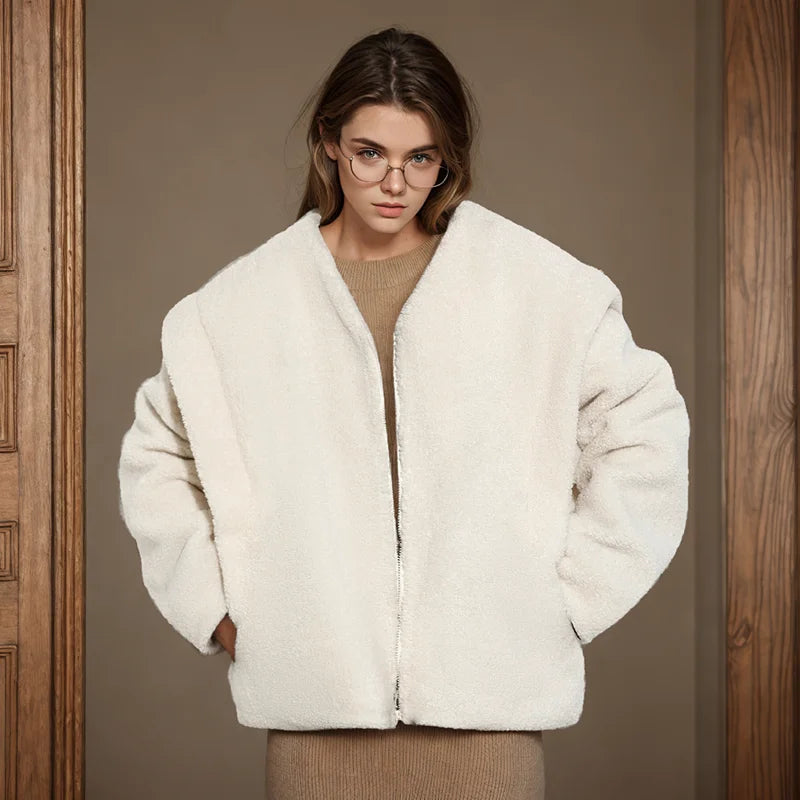 Jacket White Fleece Outer Zipper Cardigan Furry Thick Coat