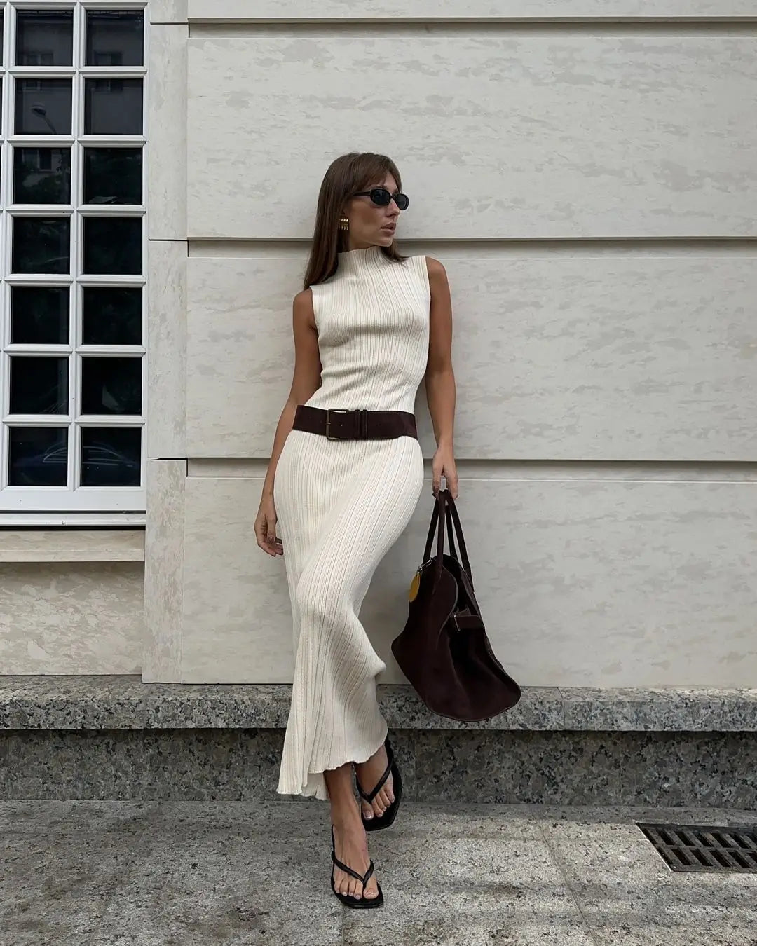 Sleeveless Knit Turtleneck Long Dress Slim Ribbed Knit Dress Maxi Dress