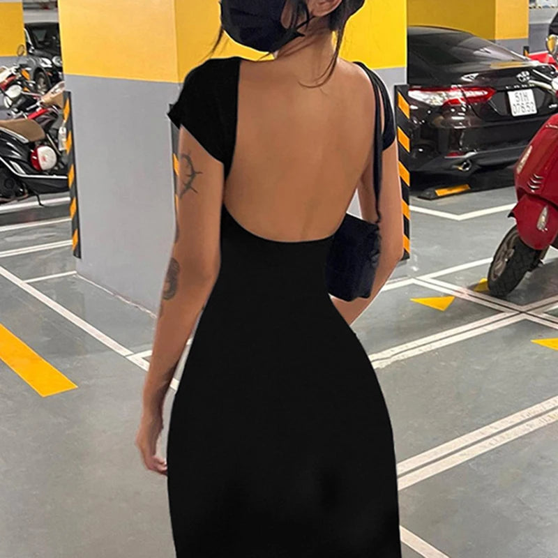 Backless Black Long Dress Slim 's Pullover Short Sleeves