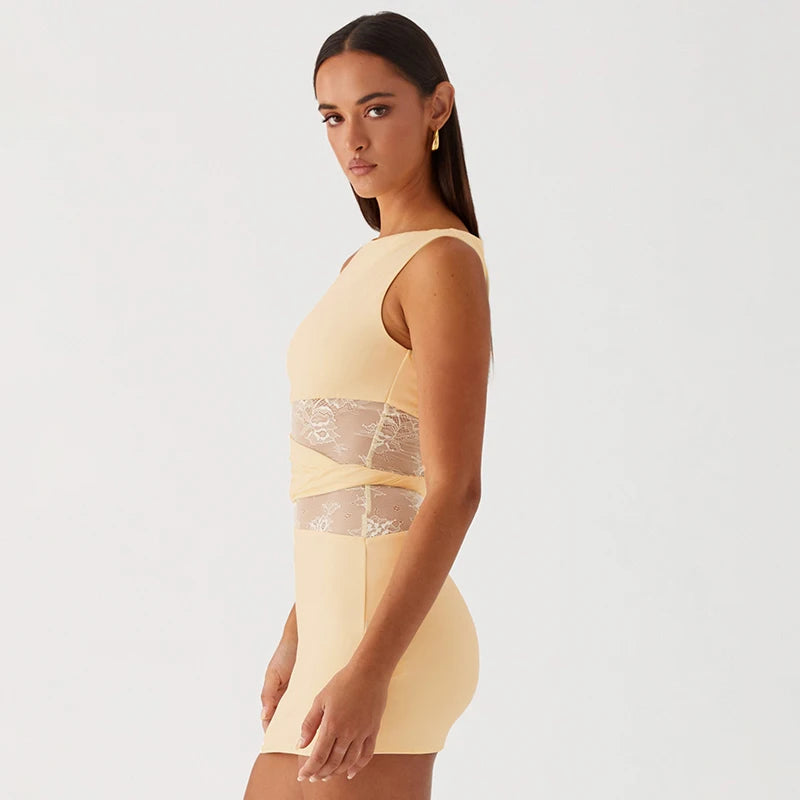'S Slim Package Hip Sleeveless High Neckline Lace Patchwork Hollow Out See-Through Twisted Circle Dress
