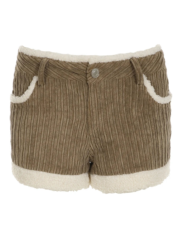 Retro Corduroy 's Shorts Knitted s Low Waisted Fur Patchwork Shorts