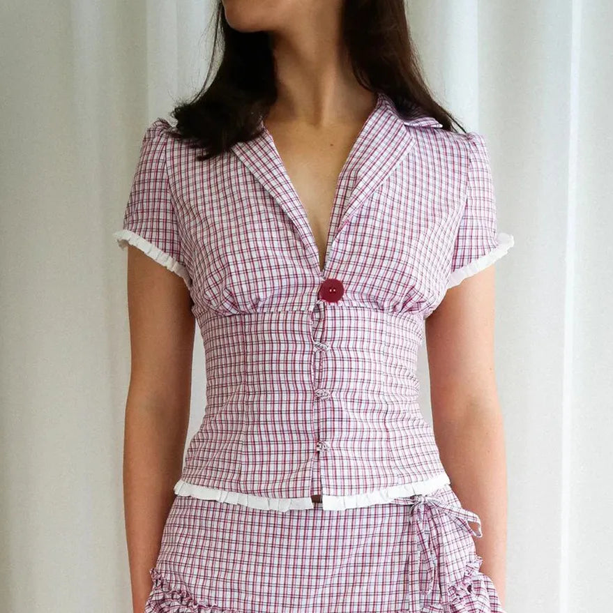 Button Down Shirt Slim Fit Contrast Color Plaid Lapel V Neck Short Sleeve Top Preppy Coquette