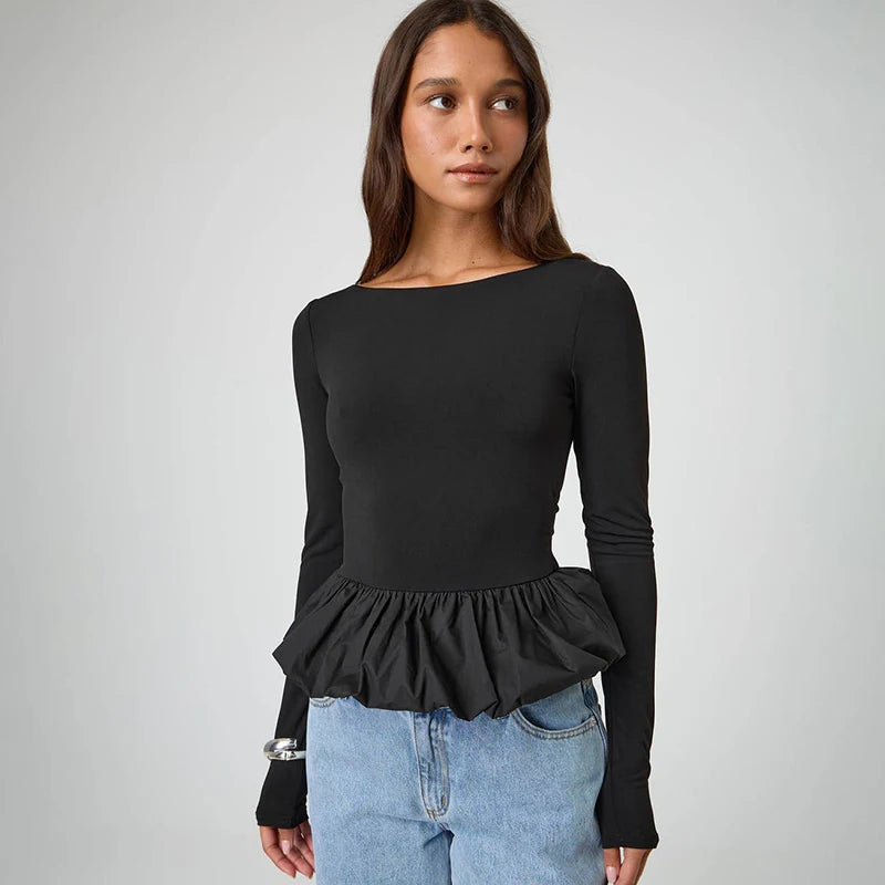 Round Neck Top Long Sleeve Slim Fit Mini Puffy Hem Deign Top