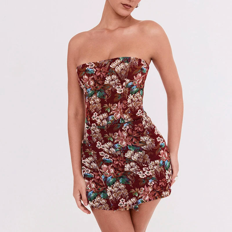 Sleeveless Strapless Sheath Floral A-Line Hem Button Mini Short Girl