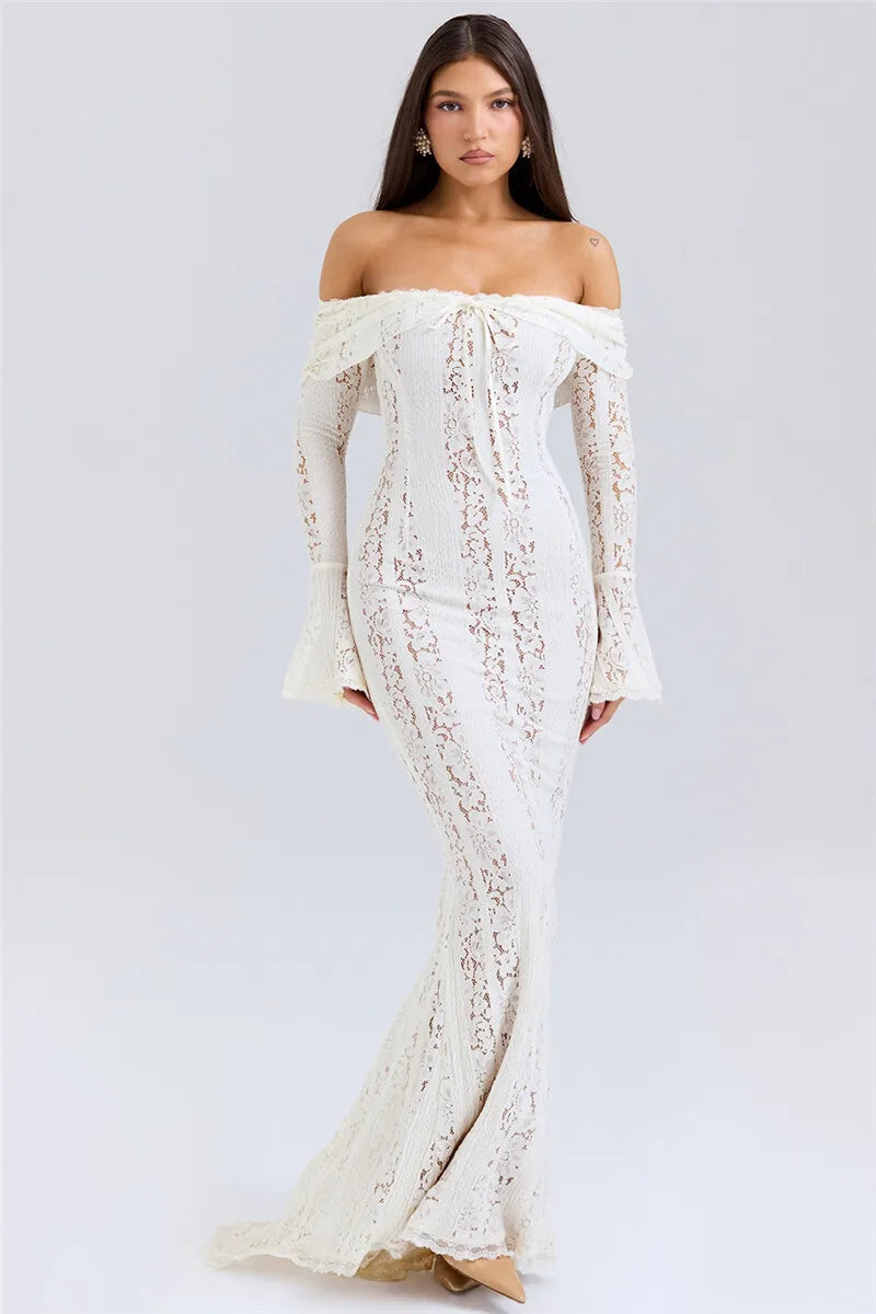 Lace Off-shoulder Maxi Dress Strapless Backless Long Sleeve Bodycon Evening Long Dress