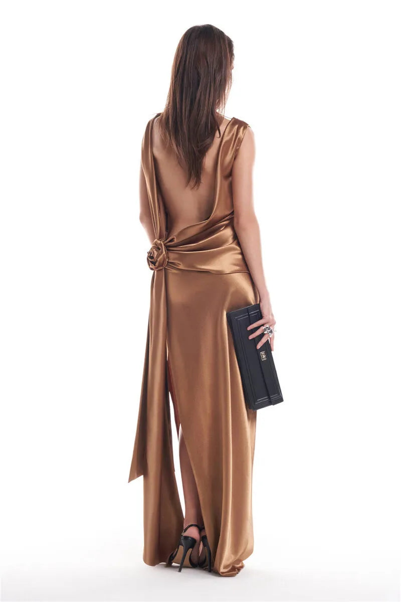 Satin Backless High Split Maxi Dress