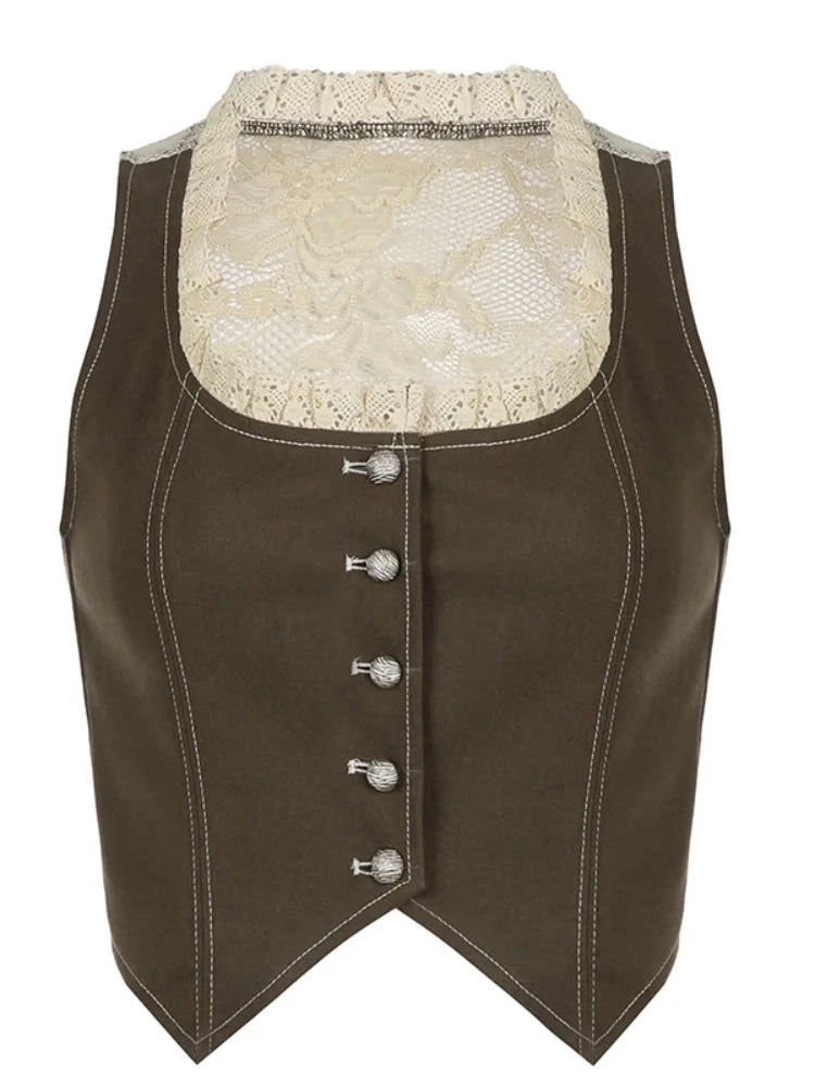 Lace Patchwork Button Up Tank Top Square Collar Sleeveless Slim