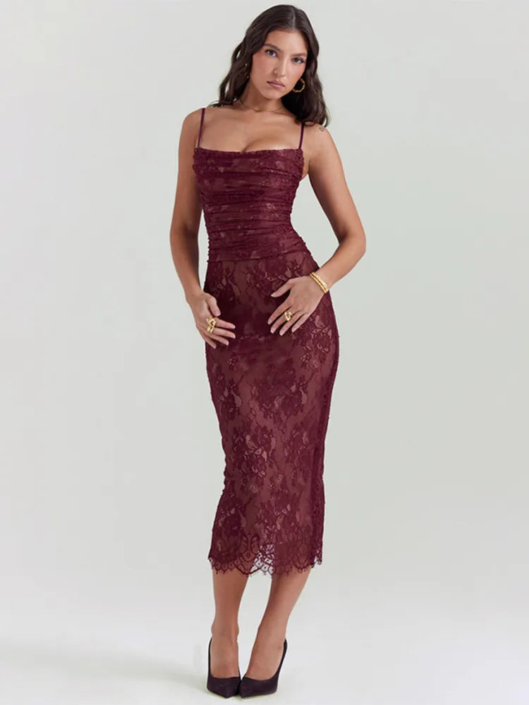 Red Mesh Bodycon Long Dress