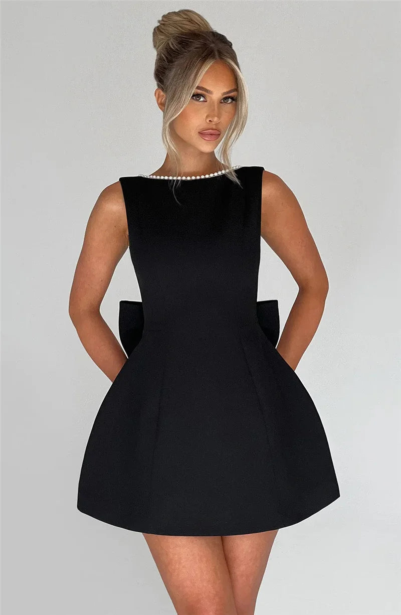 Pearl Bow Backless Mini Dress Zipper Sleeveless High Waist A-line Dress