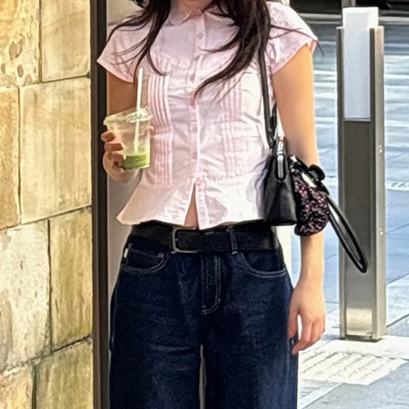 Turn-Down Collar Button-Up Corset Blouse 's Tee Shirt Short Sleeve Top