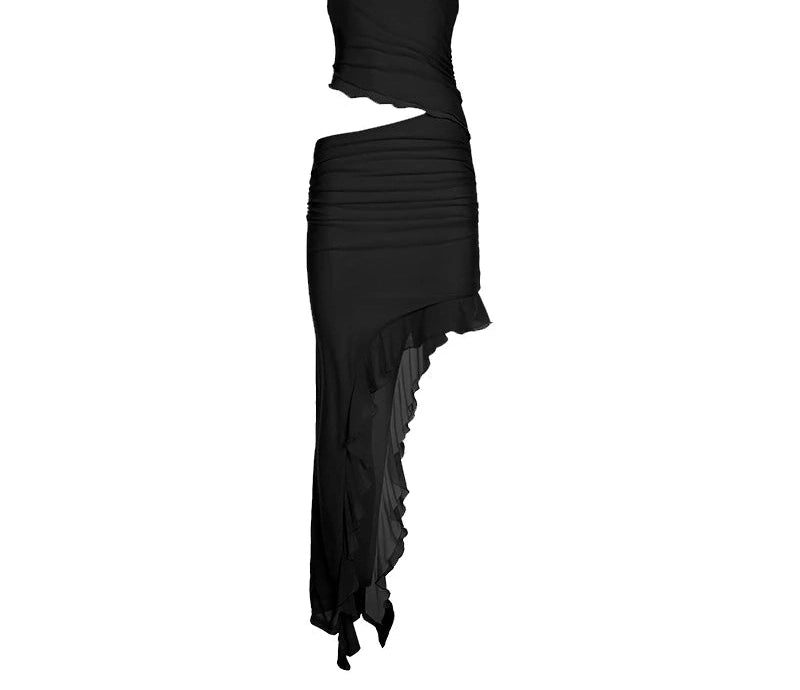 Hollow Out Mesh Dress Ruffles Slash Neck Sleeveless Maxi Dress