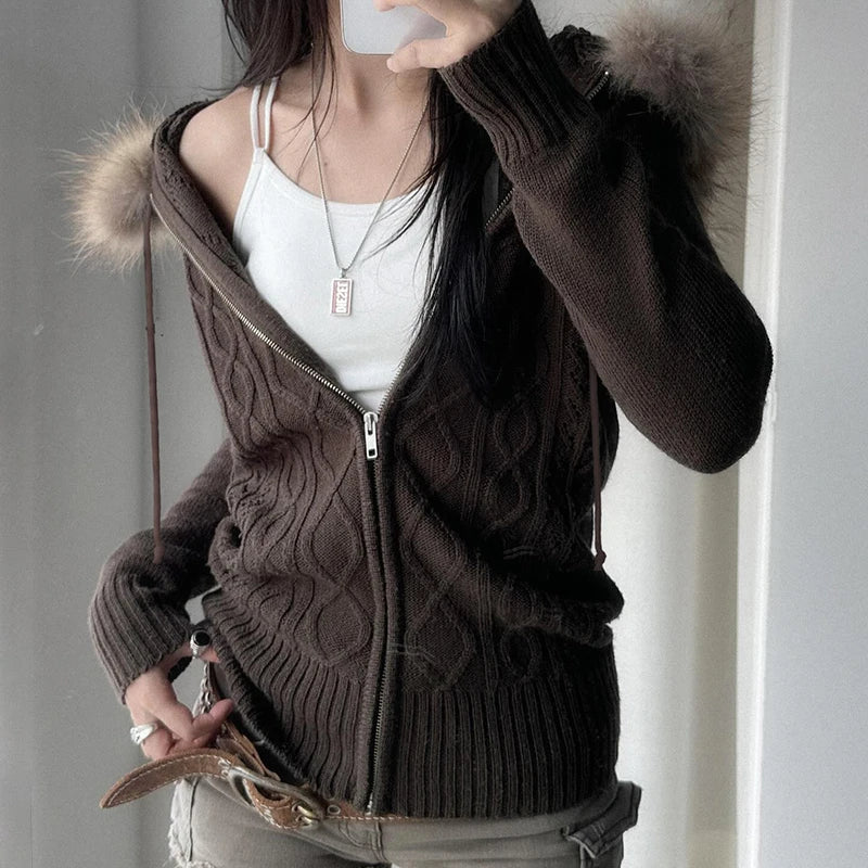 Zip Up Hoodie Coat 's Jackets Kintted Cardigan Twist Grain Fur Neck