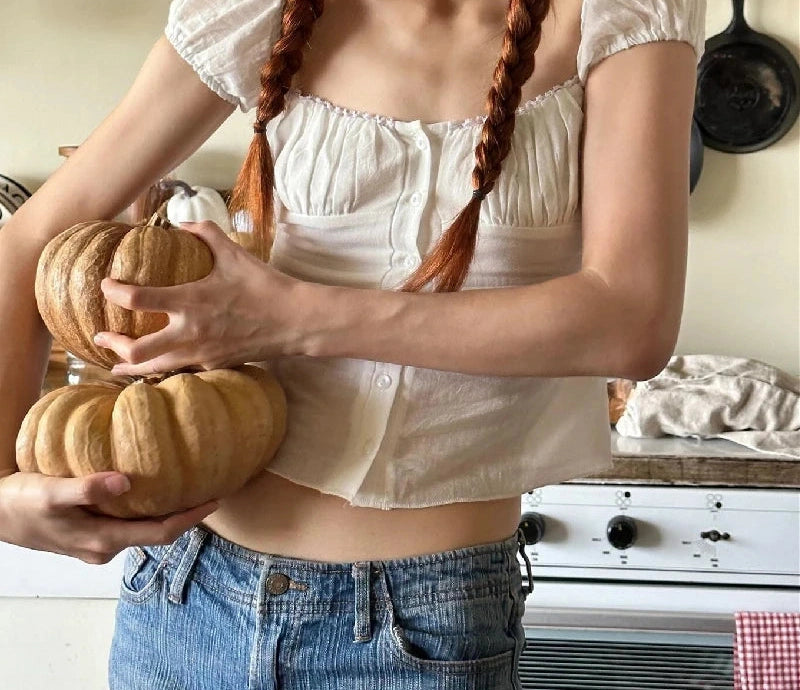 White Backless Square Neck Button Top