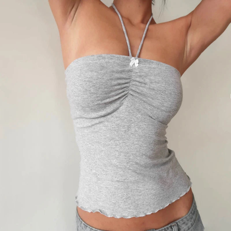 Bow Sweet Tank Top Straple Top Halter Skinny Backless Crop Top