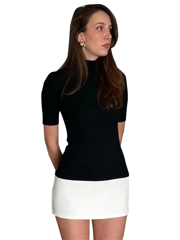 Contrast Mini Dress High Waist Short Sleeve Patchwork Bodycon Dress Mini Dress