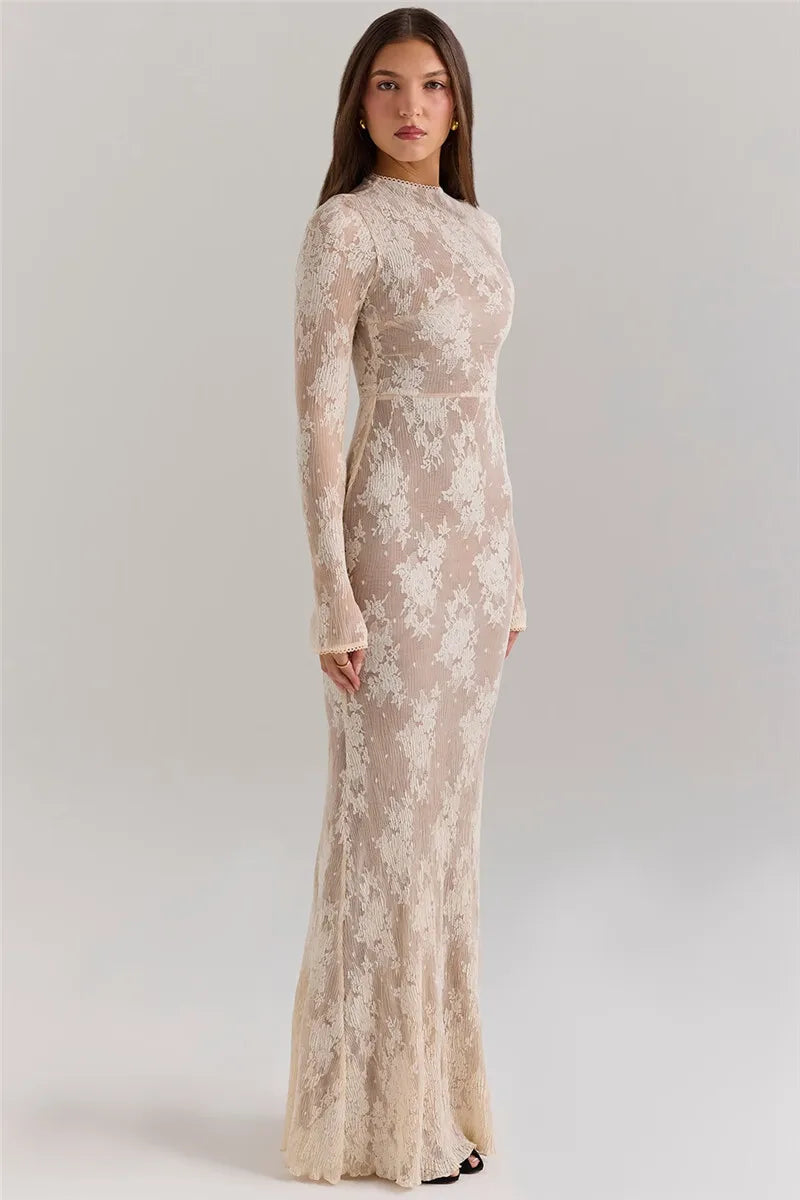 Lace Long Sleeve Maxi Dress White Zipper Half High Collar Bodycon Long Dress
