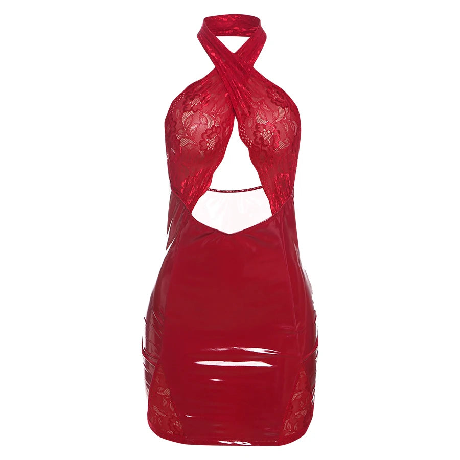 Silk Backless Hollow Cross Mesh Halter Mini Bodycon Dress