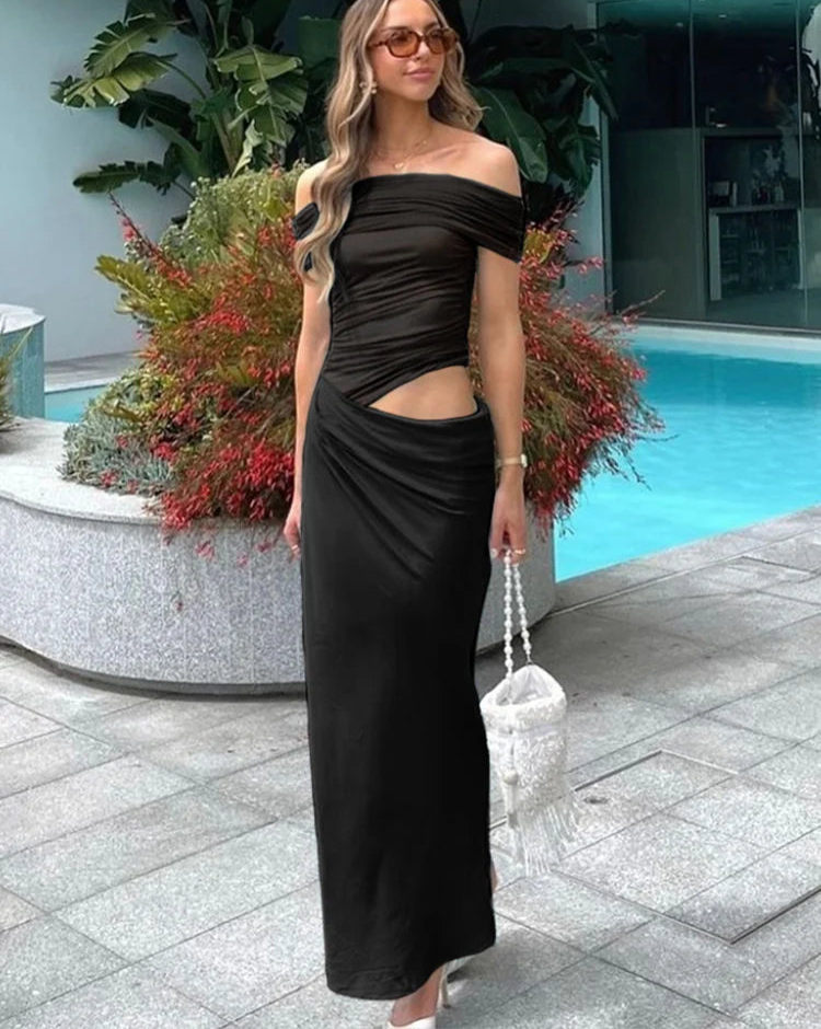 Ruched Irregular Dress Mesh Patchwork Slash Neck Short Sleeve Skinny Stretch Long Bodycon