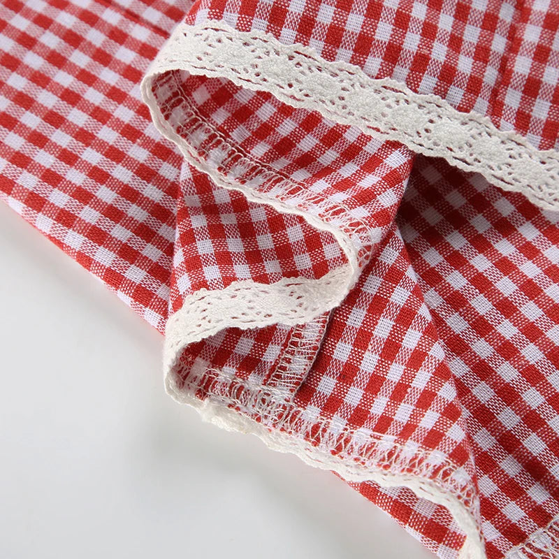 Plaid Straight Pant Lace Patchwork Bow Baggy Trouer Jogger Bottom