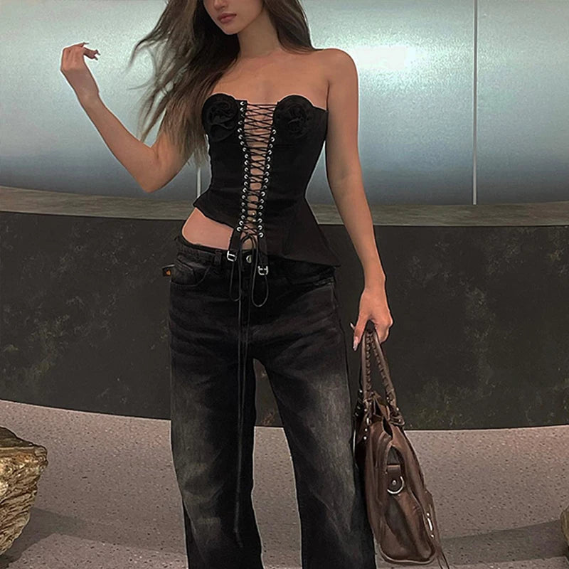 3D Flower Cross Corset Bra Y2k Soild Irregular Sleeveless Tank Top for Street