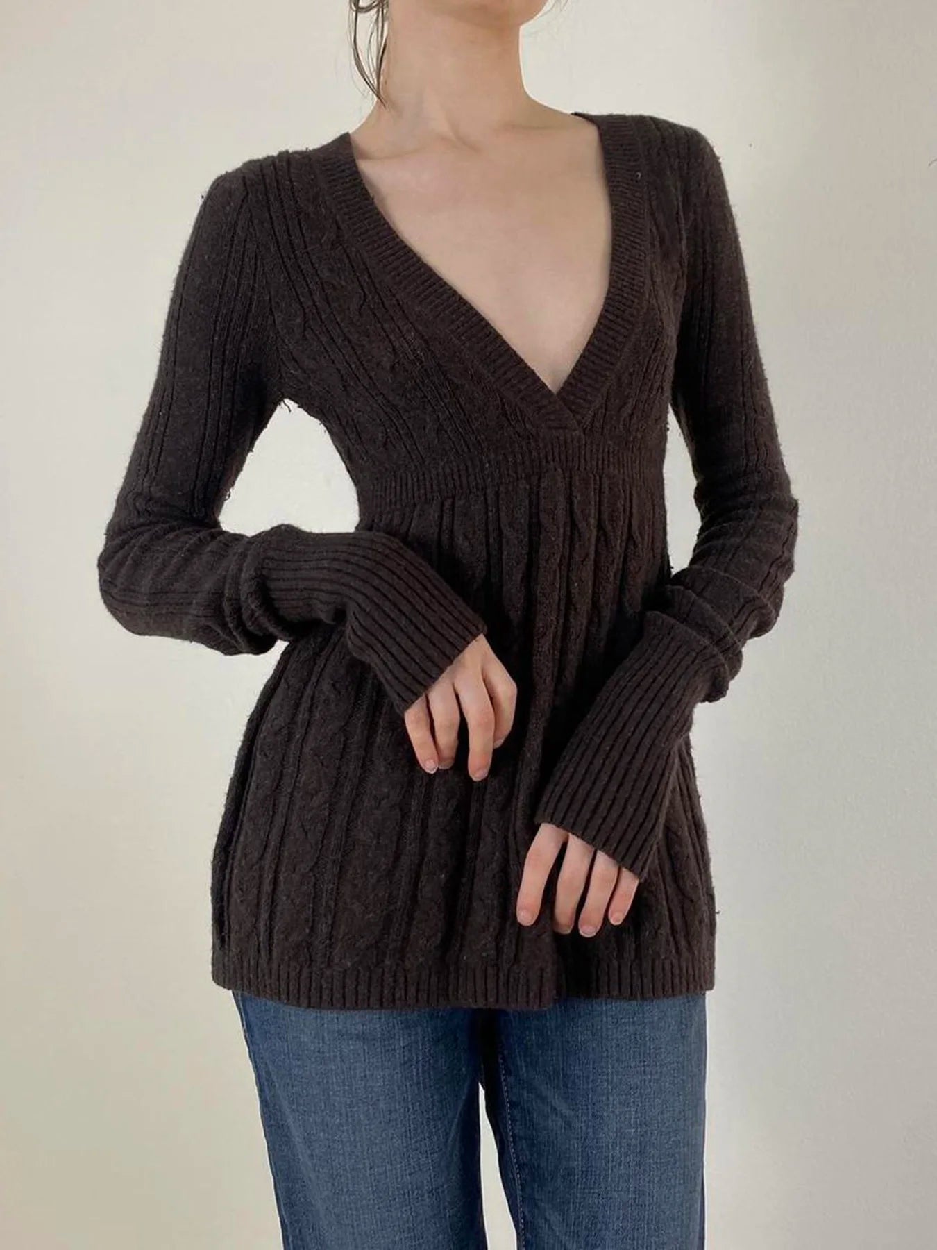 Knitted Sweaters Long Sleeves Slim s Loose Hem Brown Pull Top