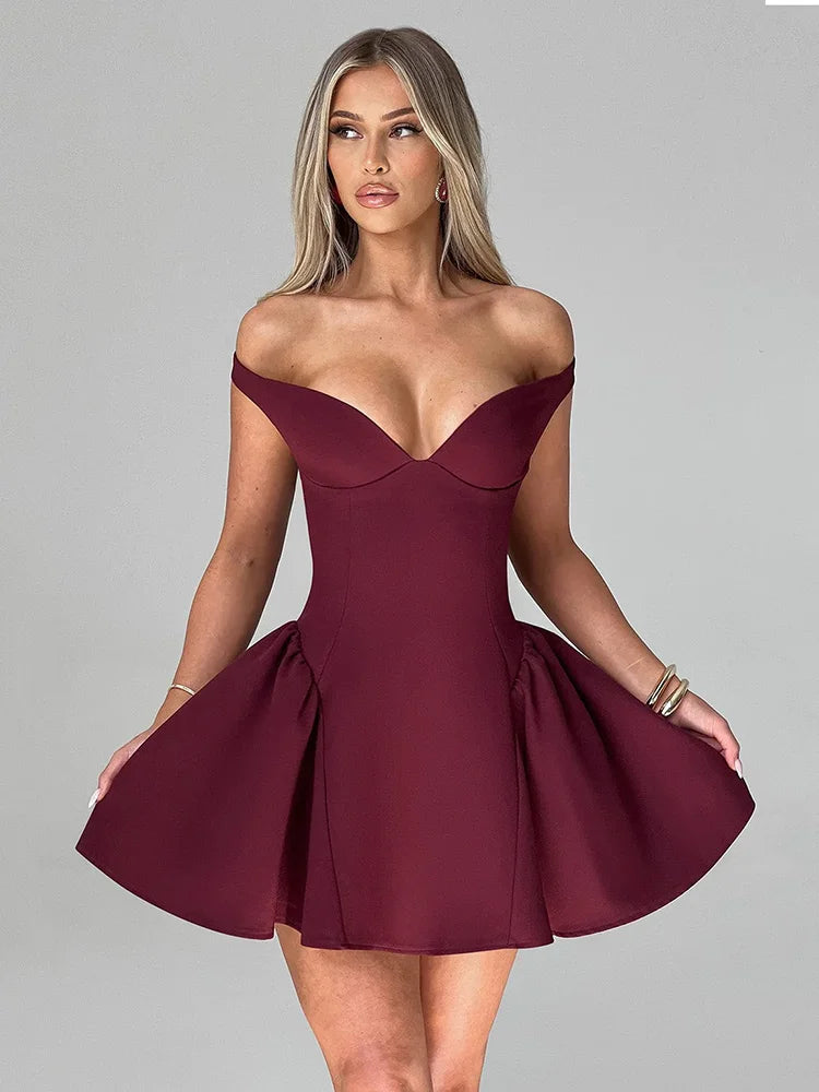 Off-shoulder Backless Mini Dress Wine Red Sleeveless Strapless High Waist A-line Dress