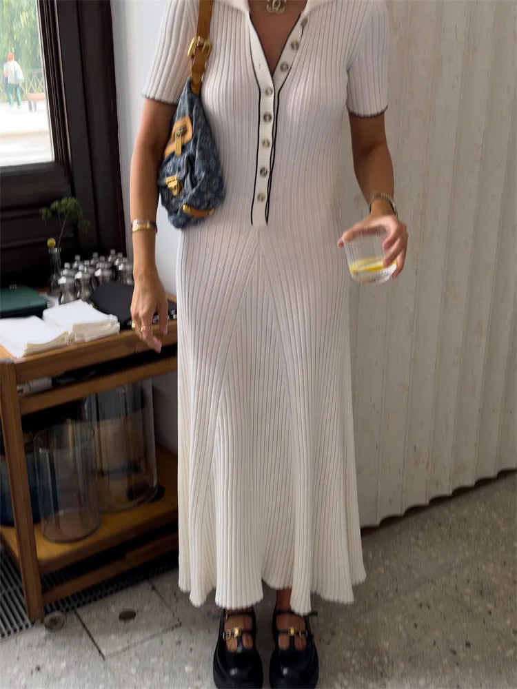 White Knit Maxi Dress Short Sleeve Patchwork Dress Lapel High Waist Knit Dress