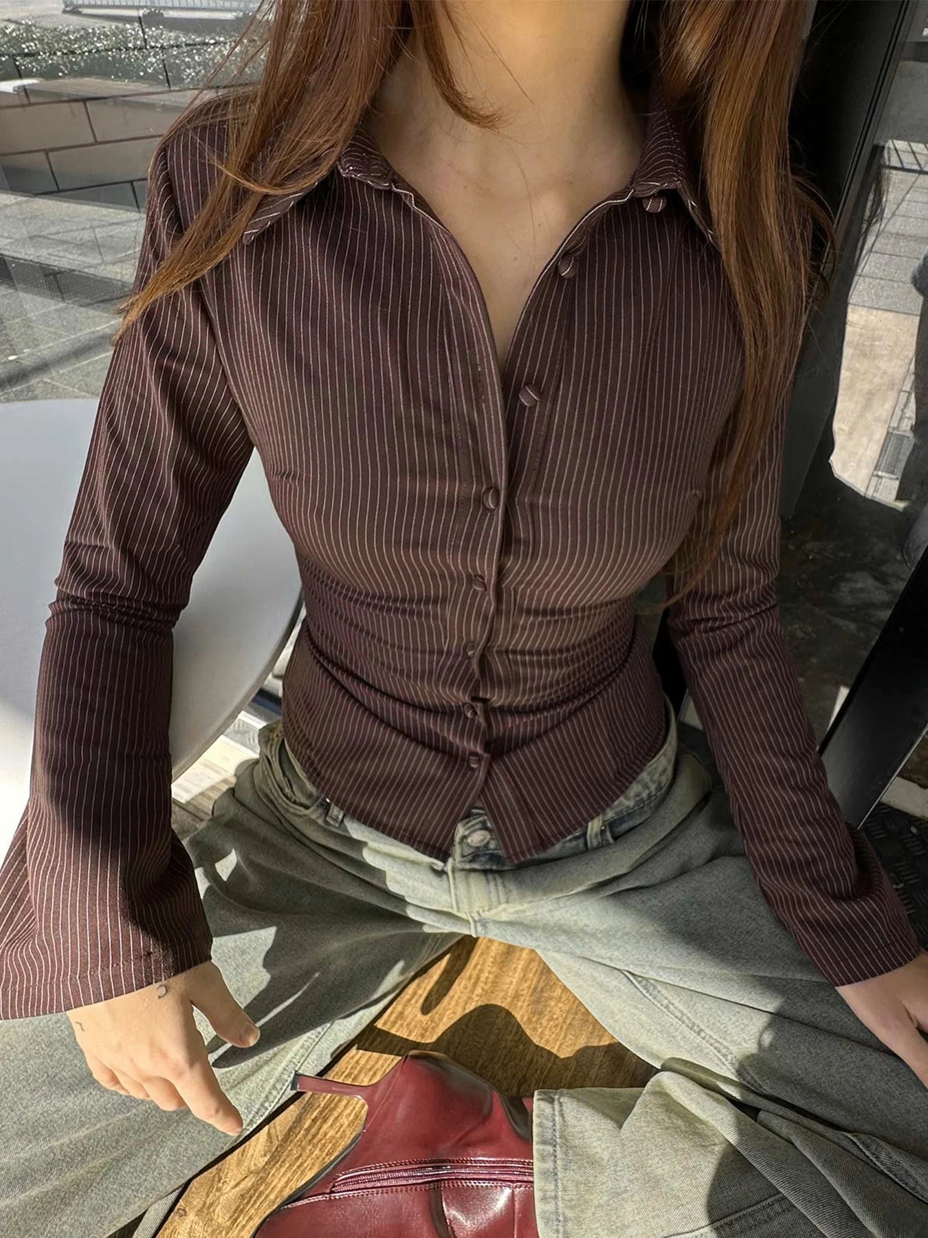Striped Print Buttons Up Blouses Shirts Flare Sleeves Top