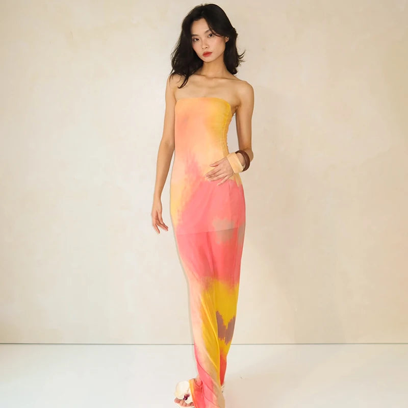 'S Color Collision Patchwork Strapless Waisted Package Hip See-Through Print Dress