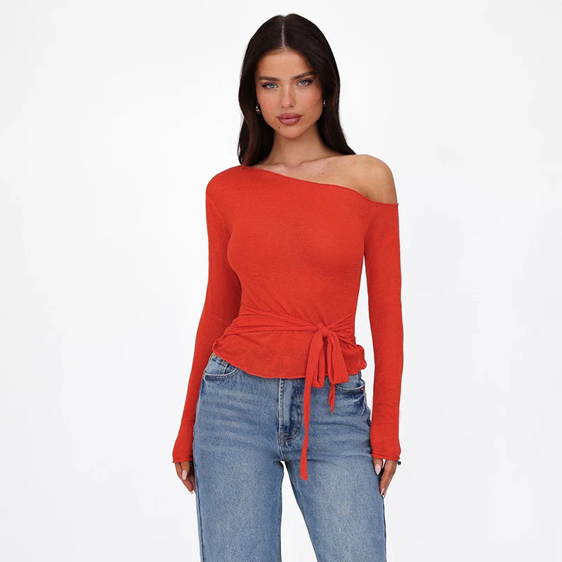 Off Shoulder Long Sleeve T Shirt Bandage Crop Top